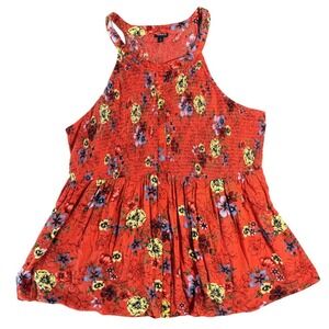Torrid Floral Smocked Halter Top Womens 4 Plus Orange Red Button Front Peplum